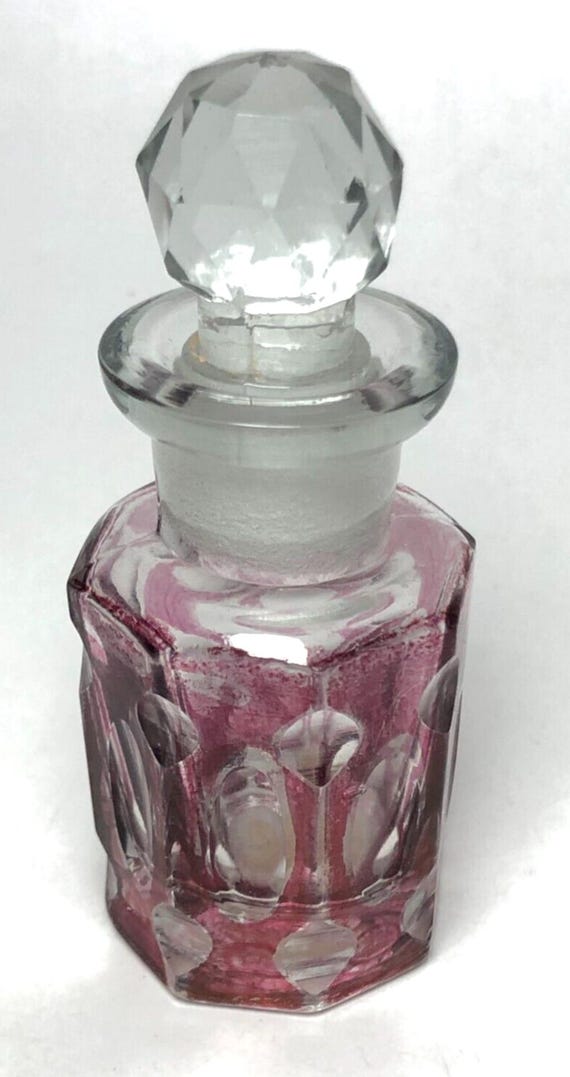 Flashed Cranberry Cut to Clear Vintage Perfume Bottle w/ Stopper Bohemian Glass