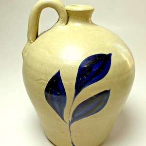 Williamsburg Pottery Salt Glaze Cobalt Blue Leaves Colonial Whiskey Jug Handle