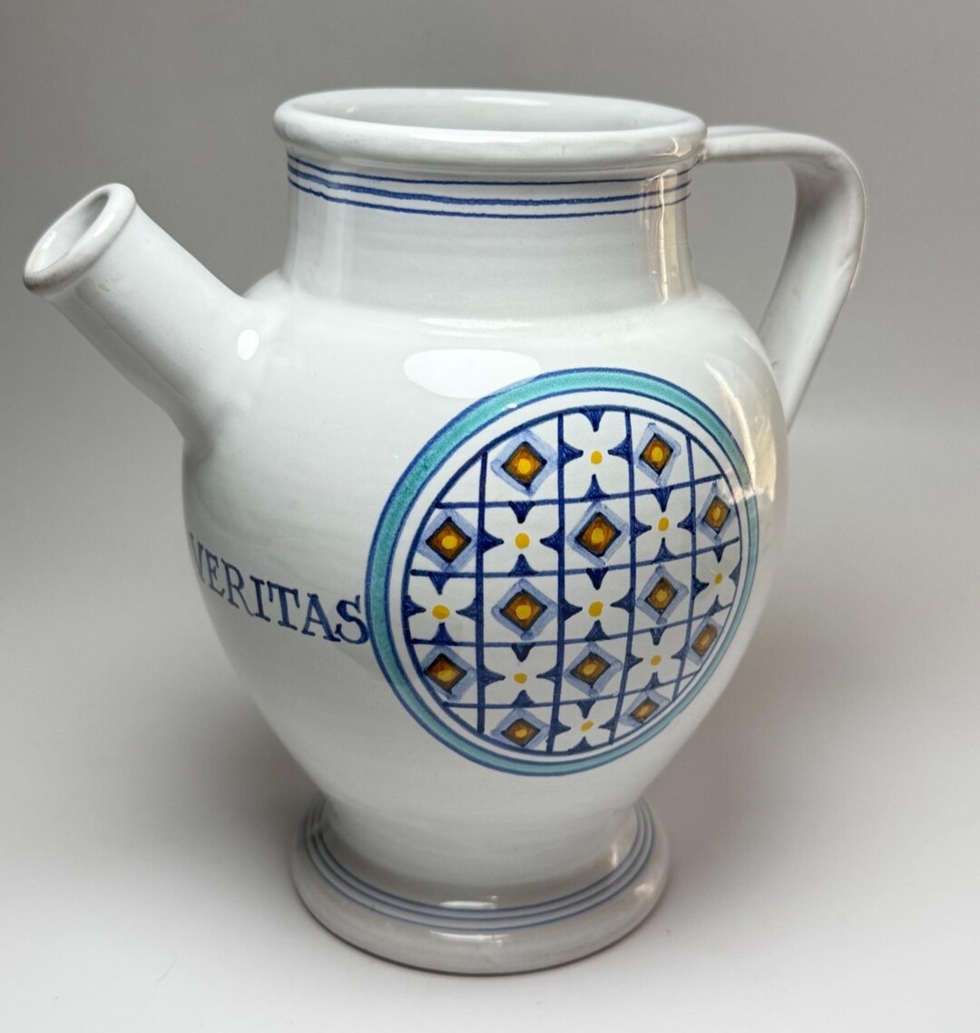 Williams-sonoma Italian Pottery Wine Jug Pitcher in Vino Veritas Blue ...