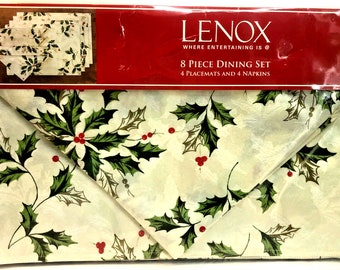 LENOX 8-delige eetset 4 placemats 4 servetten verspreid hulst ivoor Kerstmis