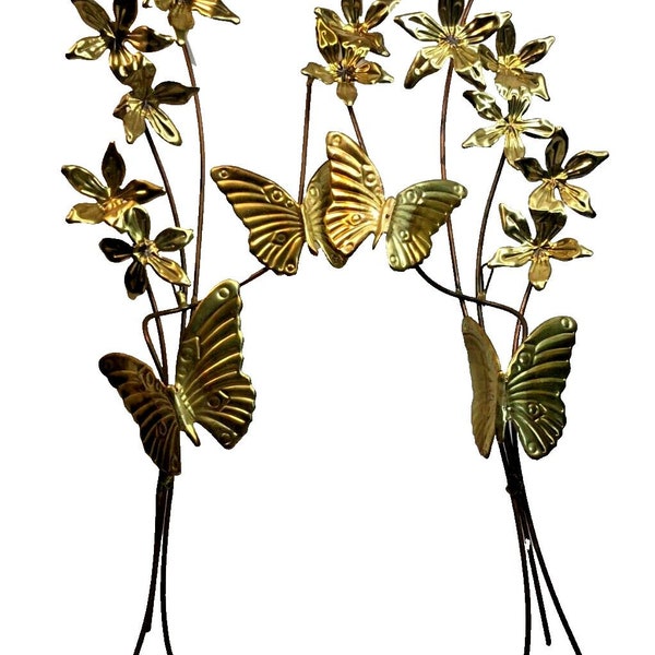 Vtg Home Interiors Wall Art Brass Copper Gold Metal Leaf Flowers Butterfly MCM