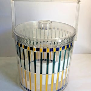 Vintage Stotter Acrylic Plastic Ice Bucket 1980s Green Blue Yellow White Stripe