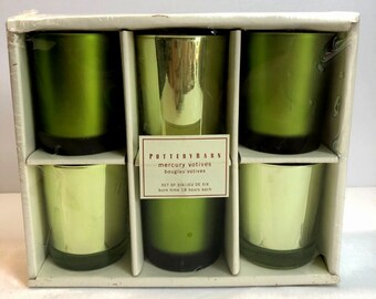 Pottery Barn Set of Six Green Mercury Glass Votives Candle Holders New in Box