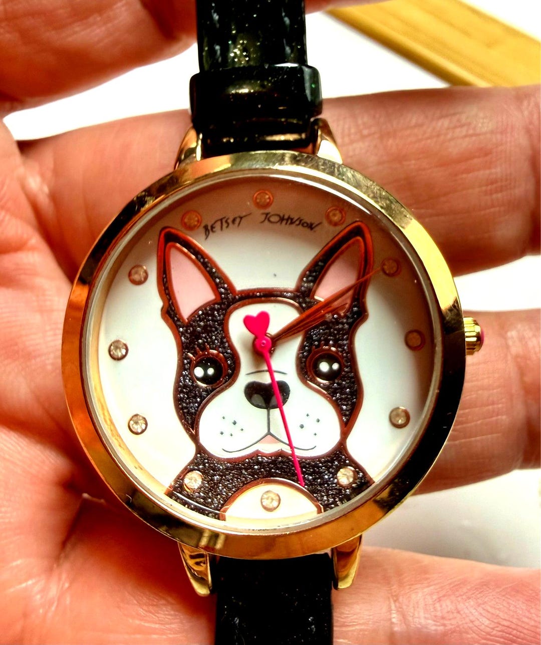 New Betsey Johnson Black and Gold Tone Women\'s Heart Accent Watch Betsey Johnson cheetah print heart watch main image 2