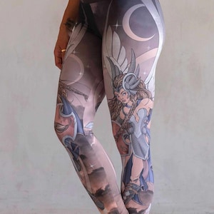 Valkyrie - Buttery Soft Athleisure/Active Leggings with Original Artwork - Hand Drawn Valkyrie, Norse Mythology Warrior.