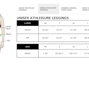 May include: Unisex athleisure leggings size chart with measurements in inches for both men and women. The chart includes sizes XS, S, M, L, XL, and XXL.