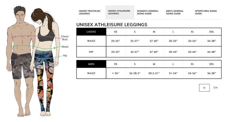 May include: Unisex athleisure leggings size chart with measurements in inches for both men and women. The chart includes sizes XS, S, M, L, XL, and XXL.
