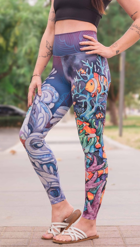 Clownfish and Surf Asymmetrical Leggings: Buttery Soft Athleisure with Ocean Art