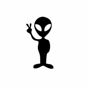 May include: A black silhouette of an alien with large eyes, waving with two fingers in a peace sign.