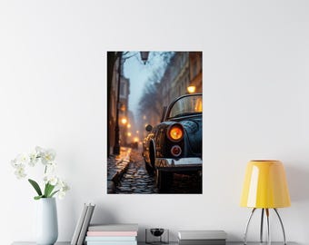 Elegancia vintage: póster mate de primera calidad: coche clásico bajo la luz de una tarde brumosa