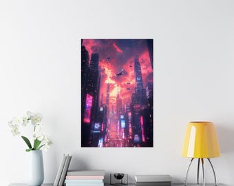 Cielos de neón: póster mate de primera calidad: ciudad futurista al anochecer