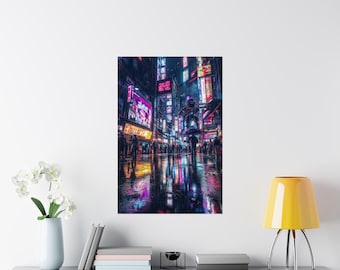 Lluvia de neón: póster mate de primera calidad / Paisaje urbano ciberpunk