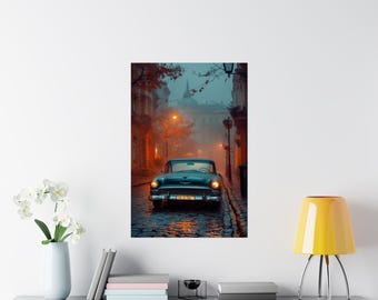 Póster mate de primera calidad de Vintage Cruiser: coche clásico en una mañana brumosa