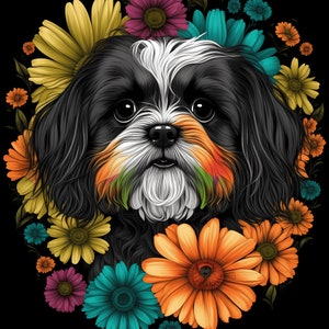 May include: A digital illustration of a black and white dog with long fur, surrounded by a vibrant wreath of colorful flowers. The flowers include shades of yellow, orange, teal, and purple, set against a solid black background.