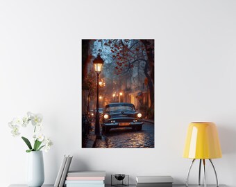 Póster mate de primera calidad / Arte de coches clásicos con conducción nocturna clásica