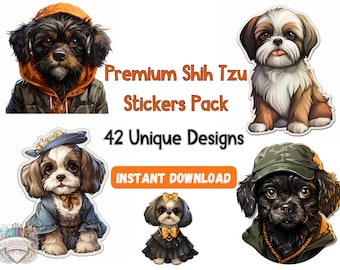 Paquete de pegatinas Shih Tzu - 44 diseños adorables y únicos - Ideal para amantes de los perros, álbumes de recortes, regalos y manualidades