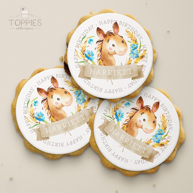Custom Round Cupcake Icing Fondant Pack of 12 Birthday Horse Thank You Personalised Edible Cake /& Cookie Toppers 50mm Party