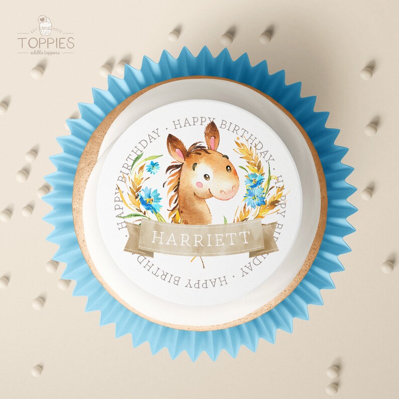 Custom Round Cupcake Icing Fondant Pack of 12 Birthday Horse Thank You Personalised Edible Cake /& Cookie Toppers 50mm Party