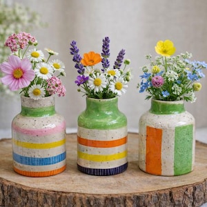 Peut inclure: Trois vases en céramique avec des rayures horizontales colorées et des bords verts, chacun contenant un arrangement différent de fleurs fraîches. Les vases sont posés sur une tranche de bois rustique, créant une exposition charmante et vibrante.