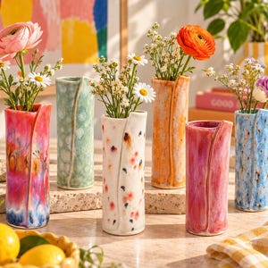 Puede incluir: Una colección de seis jarrones cilíndricos de cerámica con un detalle de pliegue vertical, cada uno con un acabado de esmalte único en tonos rosa, turquesa, blanco con motas, naranja, magenta y azul, con diversas flores frescas.