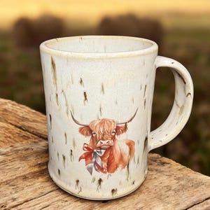 Handmade Highland Cow Coffee Mug 12-14oz, Rustic Stoneware Farmhouse Decor image 1