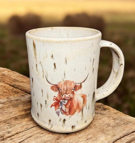 Handmade Highland Cow Coffee Mug 12-14oz, Rustic Stoneware Farmhouse Decor