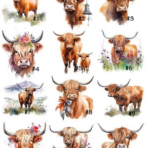 May include: Watercolor illustrations of Highland cows in various poses. Each image features a different cow with unique details, including floral accents, bells, and scenic backgrounds. The images are numbered from 1 to 12.