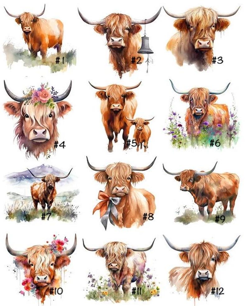 May include: Watercolor illustrations of Highland cows in various poses. Each image features a different cow with unique details, including floral accents, bells, and scenic backgrounds. The images are numbered from 1 to 12.