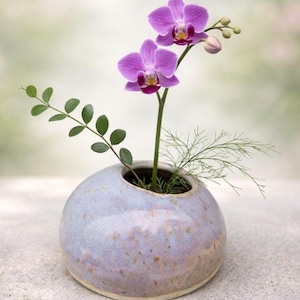 May include: A small, round, pale blue ceramic vase displays a vibrant purple orchid with two blooms and green foliage. The vase has a speckled texture and a wide opening, creating a serene floral arrangement.