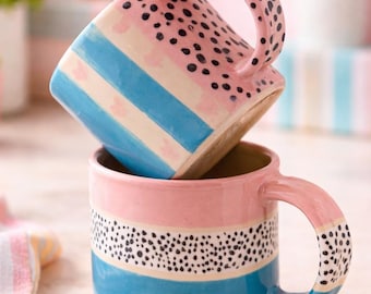 Hand Painted Ceramic Coffee Mug – Playful Pink & Blue Pottery, 14oz