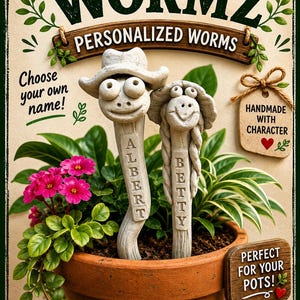 May include: Two light gray, sculpted worm figures with smiling faces, one wearing a cowboy hat and the other a sun hat, are placed in a terracotta pot. The worms feature vertical name tags reading ALBERT and BETTY. Text includes WORMZ, PERSONALIZED WORMS, Choose your own name!, HANDMADE WITH CHARACTER, and PERFECT FOR YOUR POTS!.