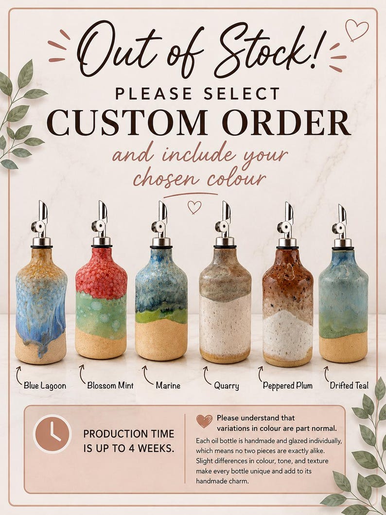 Puede incluir: Seis botellas de aceite de cer&aacute;mica con vertedores de metal, cada una con patrones de esmalte etiquetados como Blue Lagoon, Blossom Mint, Marine, Quarry, Peppered Plum y Drifted Teal. El texto dice Out of Stock! PLEASE SELECT CUSTOM ORDER.