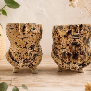 Peut inclure: Deux pots de fleurs en céramique avec un design de visage unique. Les pots sont de couleur beige avec des mouchetures marron foncé et ont une surface texturée. Chaque pot a un visage avec un nez, des yeux et une bouche souriante. Ils sont sur de petits pieds.