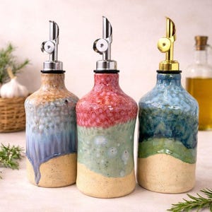 Handmade Ceramic Olive Oil Bottle Dispenser, Stoneware Cruet with Pour Spout, Modern Kitchen Decor