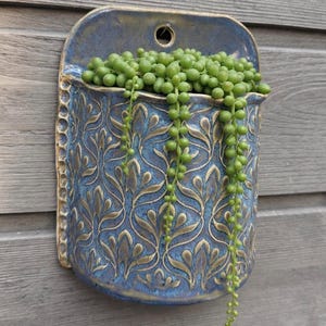May include: A blue ceramic wall planter with a decorative floral pattern, filled with green string of pearls plants. The planter has a rounded shape and a hole for hanging. The plant's tendrils cascade down.