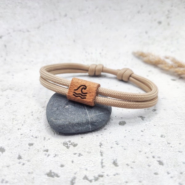 Surfbalance Holzarmband aus Segeltau mit Gravur, Minimalistisch, Paracord, Surferarmband, Geschenkidee