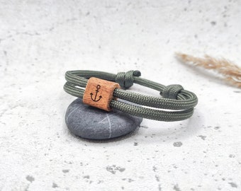 Surfbalance Holzarmband aus Segeltau mit Gravur, Minimalistisch, Paracord, Surferarmband, Geschenkidee