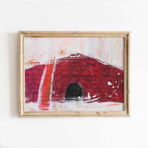 Paesaggio invernale, regalo originale con tecnica mista, guazzo e olio Red Barn, illustrazione di Natale e Capodanno, arte conveniente, casa minimalista