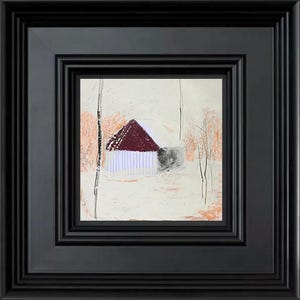 Paesaggio invernale, opera d'arte originale con tecnica mista, guazzo, olio, illustrazione di Natale e Capodanno, dipinto minimalista conveniente, tono artistico rosso