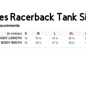 May include: A size chart for racerback tank tops, showing measurements in inches for body length and width. Sizes include S, M, L, XL, and 2XL.