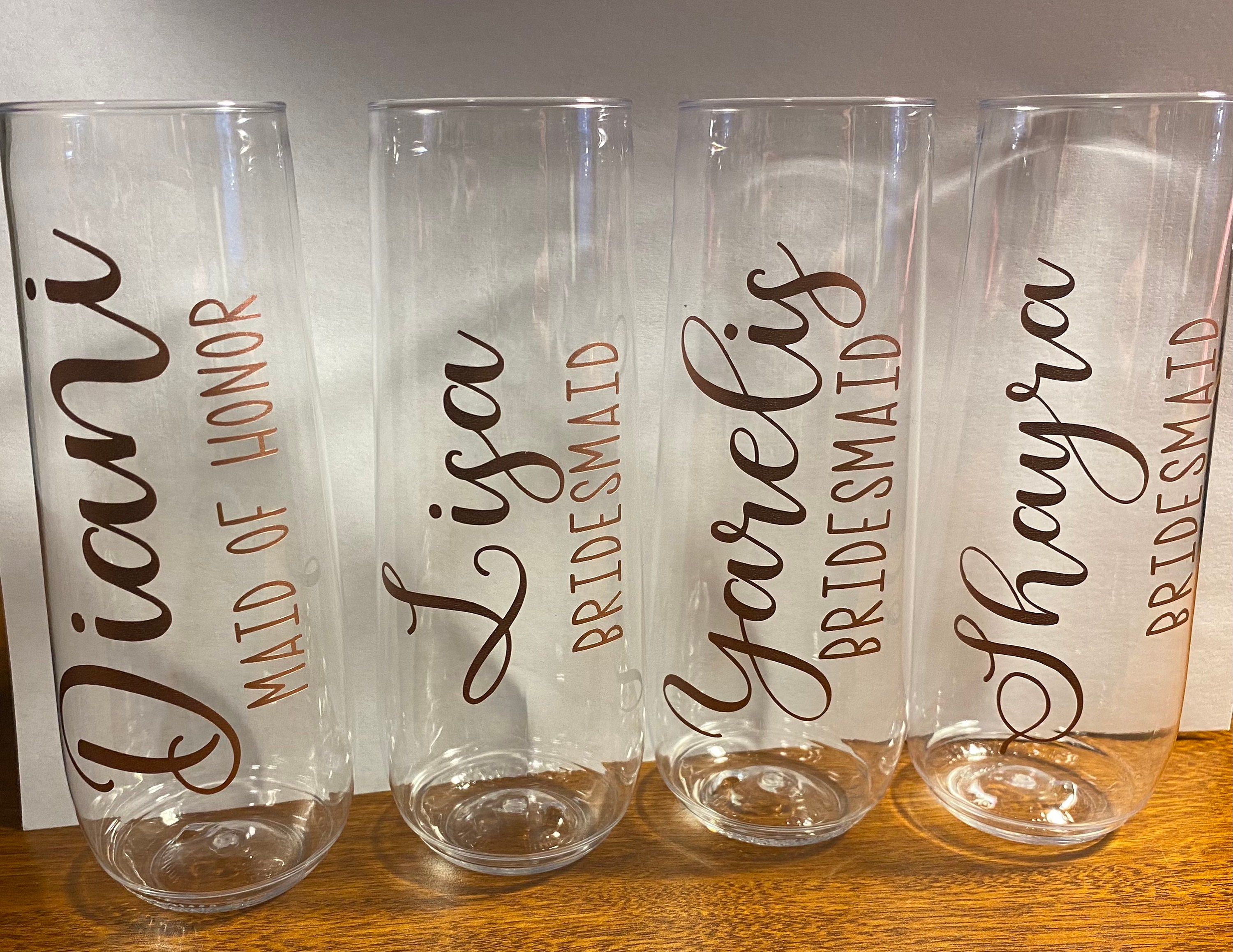 Custom Bridal Party Stemless Champagne Flute – Happily Ever Etched