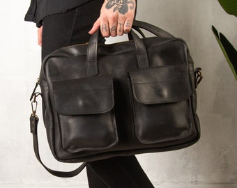 Bolsa de couro mensageiro para homens, Bolsa grande mensageiro, Bolsa de couro para laptop masculina, Bolsa para laptop de 15 polegadas, Bolsa preta mensageiro, Bolsa de trabalho de couro