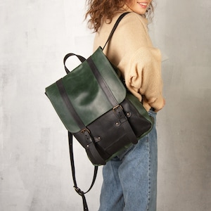 Green womens backpack,Laptop backpack women,Laptop backpack,Leather backpack,Leather rucksack,Backpack women,Monogram backpack