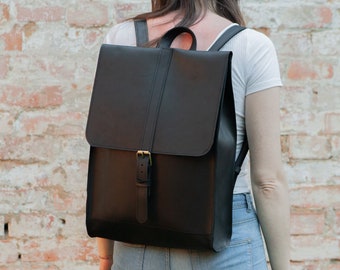 Womens backpack laptop, City backpack, Leather black backpack, Slim backpack for women, College backpack, Laptop backpack women