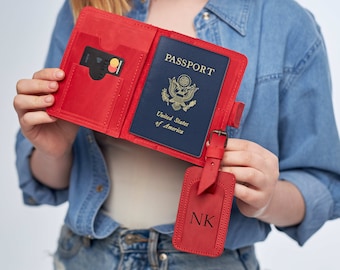 Porta pasaporte de cuero y etiqueta de equipaje, Estuche de pasaporte de cuero, Funda de pasaporte de cuero personalizada, Cartera de pasaporte de cuero