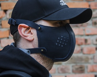 Leather mouth mask, Leather protective face mask, Leather face mask, Face mask with filter pocket, Face mask with nose wire and filter