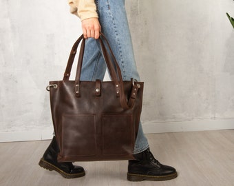 large leather tote bag for women, Personalized leather tote bag, Leather tote with zipper, Leather work tote,brown leather tote bag