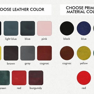 May include: Color chart showing leather and fabric options for a product. Leather colors include black, light blue, blue, pink, yellow, brown, gray, cognac, green, red, and burgundy. Fabric colors include black, blue, gray, cognac, yellow, green, and red.