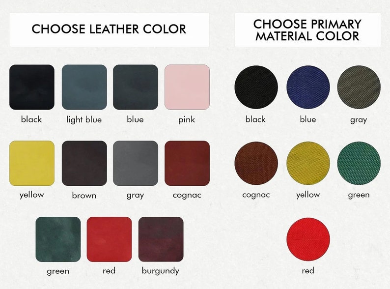 May include: Color chart showing leather and fabric options for a product. Leather colors include black, light blue, blue, pink, yellow, brown, gray, cognac, green, red, and burgundy. Fabric colors include black, blue, gray, cognac, yellow, green, and red.