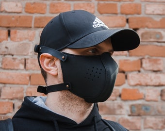 Leather face mask adult,Face mask with filter pocket and ties,Mask with filter insert ties,Protective face mask leather